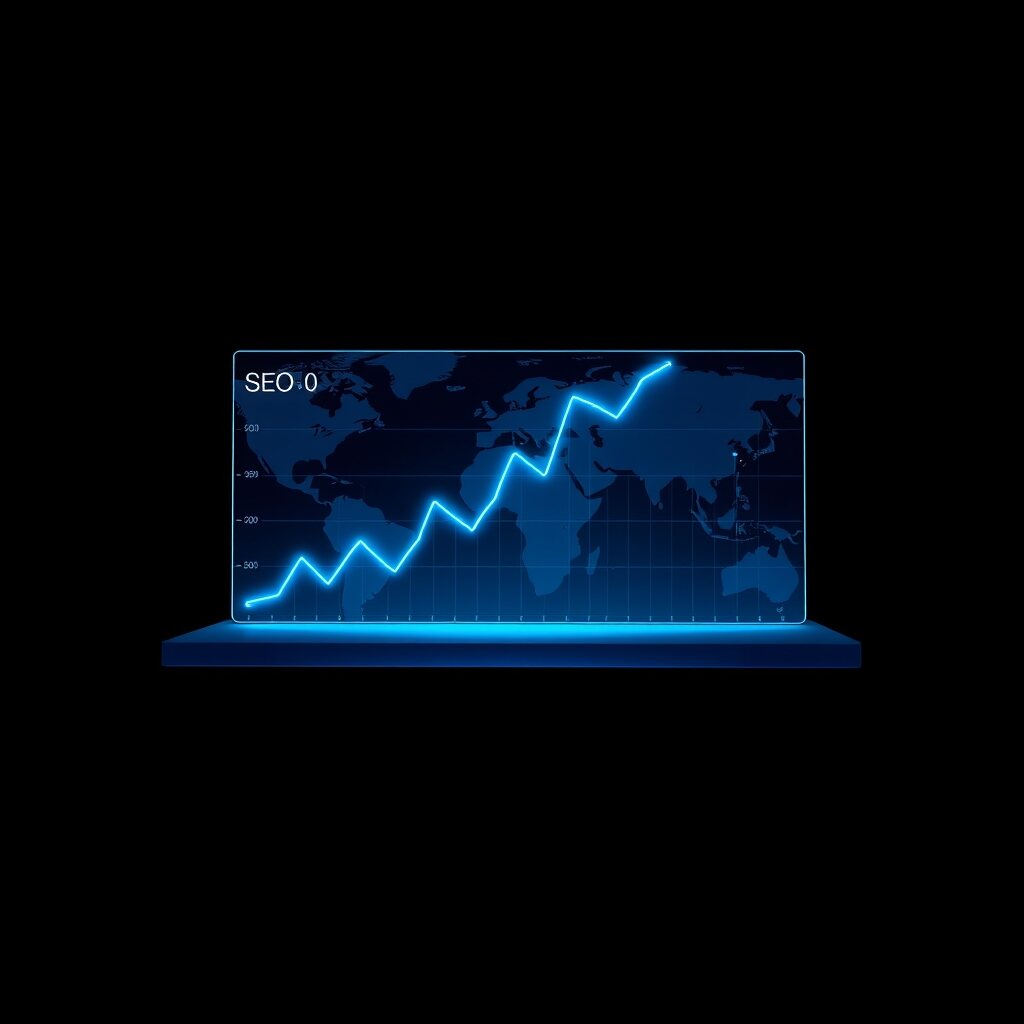 Holographic dashboard showing organic SEO traffic compounding across multiple franchise sites