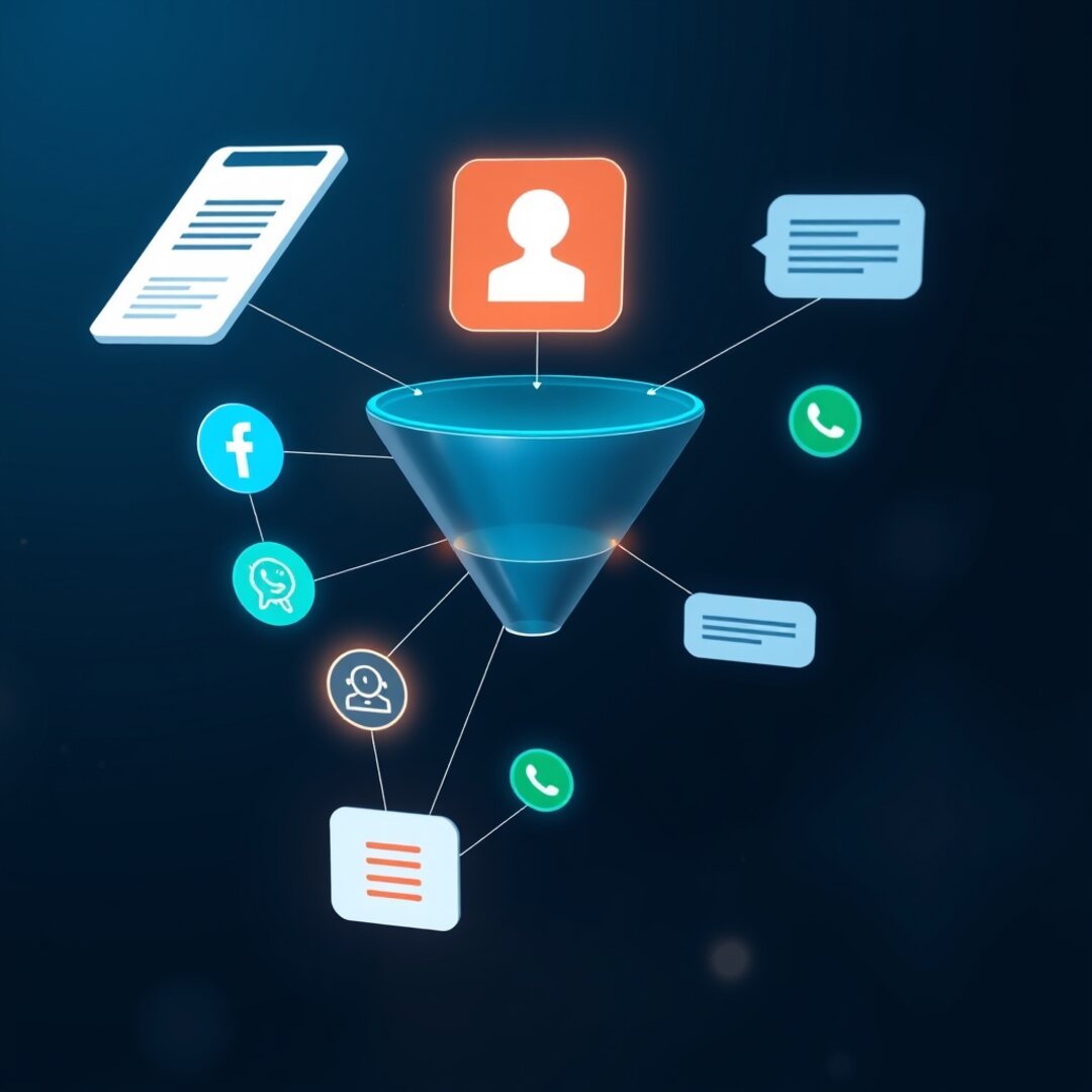 Abstract funnel diagram showing Facebook and Instagram ads flowing through lead-gen forms and WhatsApp conversations into a client pipeline